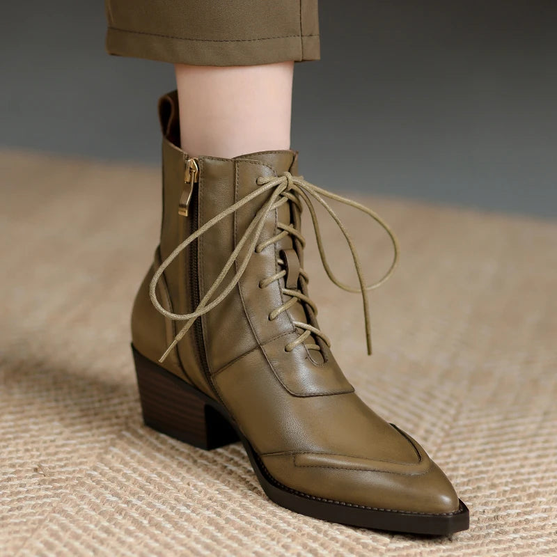 Women's Ankle Lace-up Genuine Leather Thick High Heels  Boots