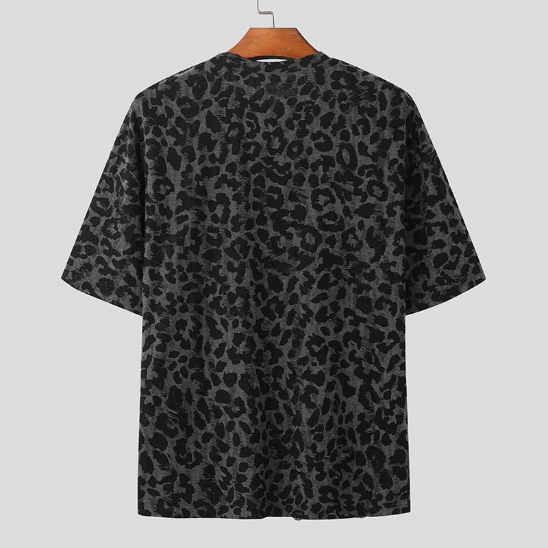 Men's Leopard Print Round Neck Short Sleeve Loose T-shirt