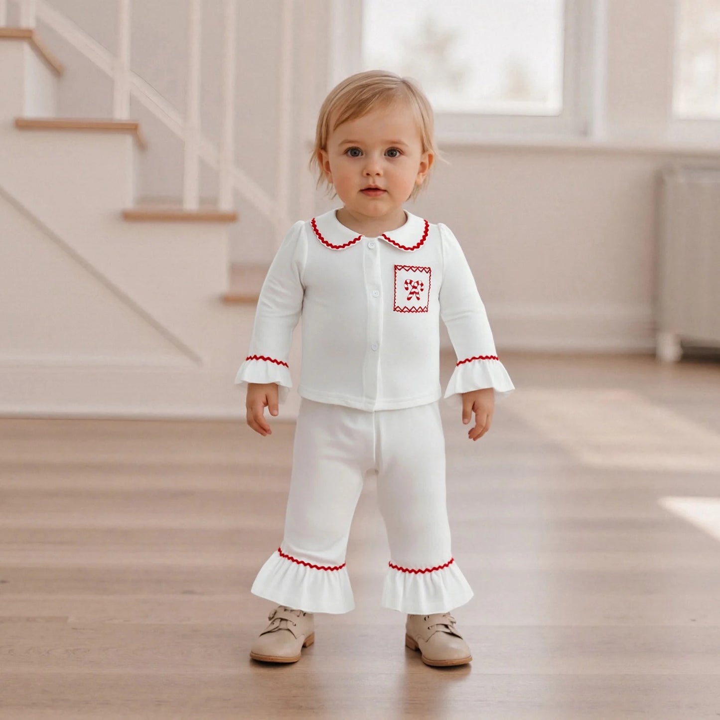 Toddler Girls Christmas Pajamas Set - Candy Cane Long Sleeve Top & Elastic Waist Pants (0-4Y)
