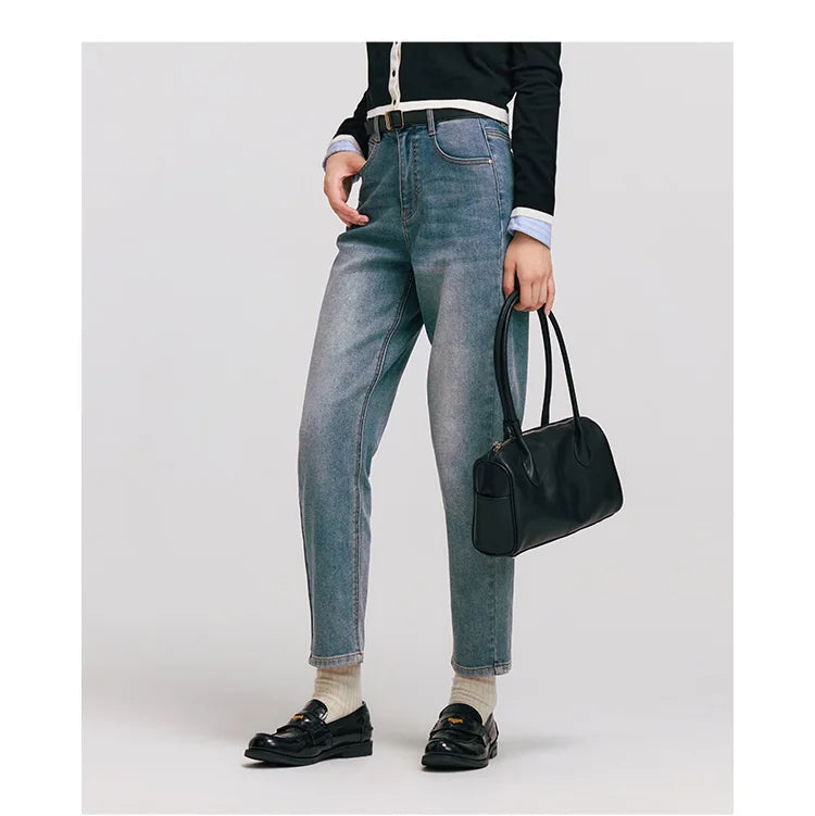 Women's Vintage Washed Tapered Jeans - Brushed Denim Loose Long Fit Winter Pants