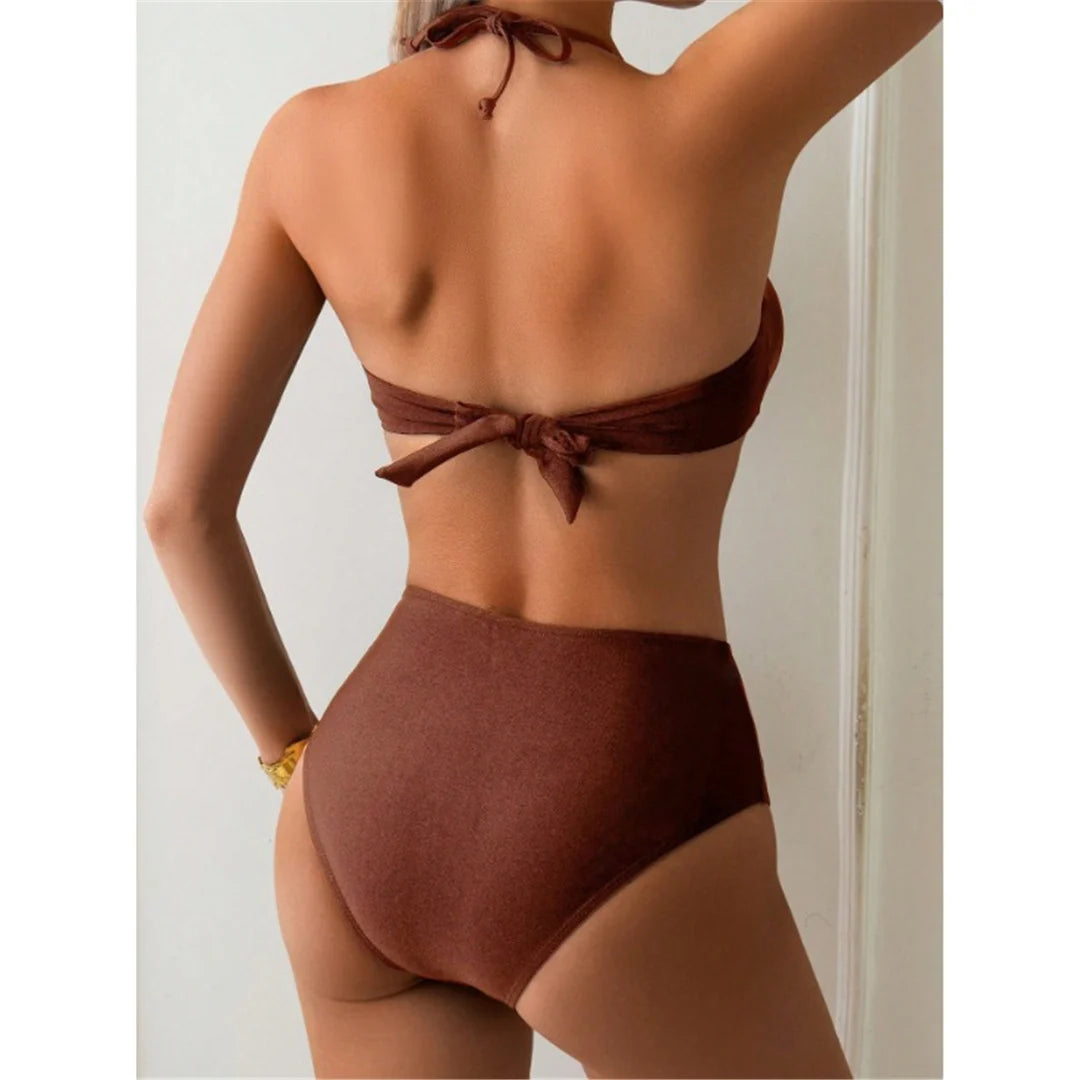 Women's Metal Ring Halter Swimsuit High Waist Bikini  Swimwear Two-pieces Bikini set