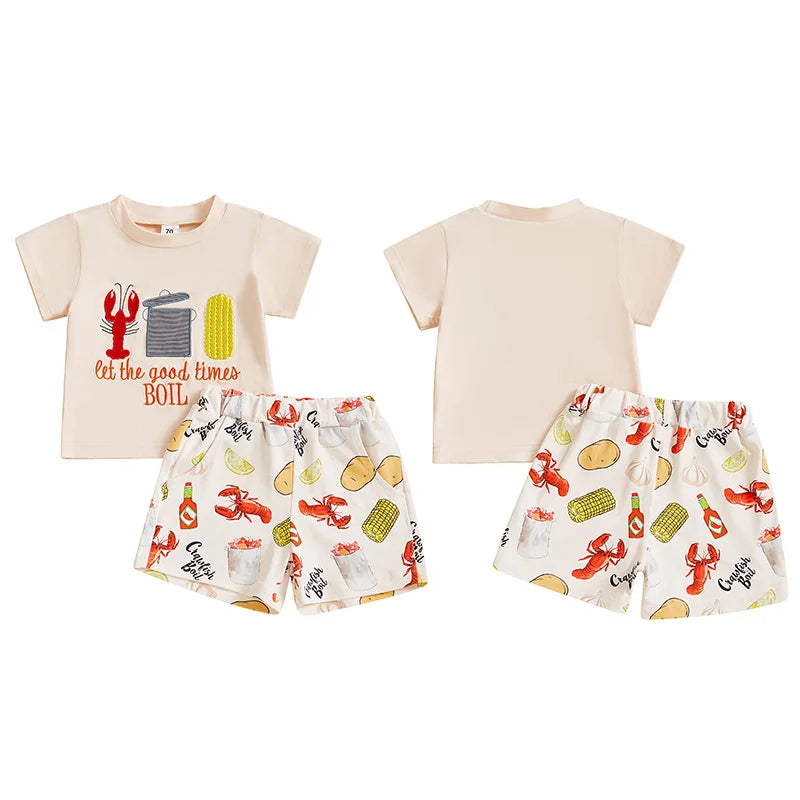 Boys Summer Outfit Set - Cartoon Letter T-shirt & Lobster Print Shorts