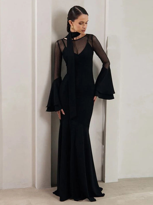 Women's See Through Bodycon Maxi  Flare Long Sleeve High Waist Gown Splice Dress