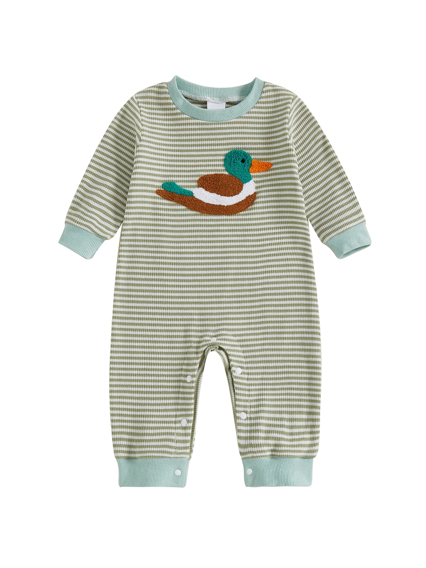 Baby Boys Striped Romper with Duck Embroidery - Long Sleeve Autumn Jumpsuit (0-18M)