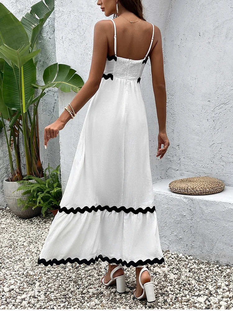 Elegant Ice Silk Spaghetti Strap Maxi Dress Round Neck Sleeveless Flower Trim A-Line Dress