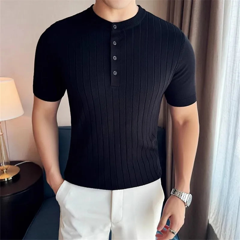 Men's Summer knitted Polo Short Sleeve Smart Casual Henry Collar Slim Fit Knit Shirt