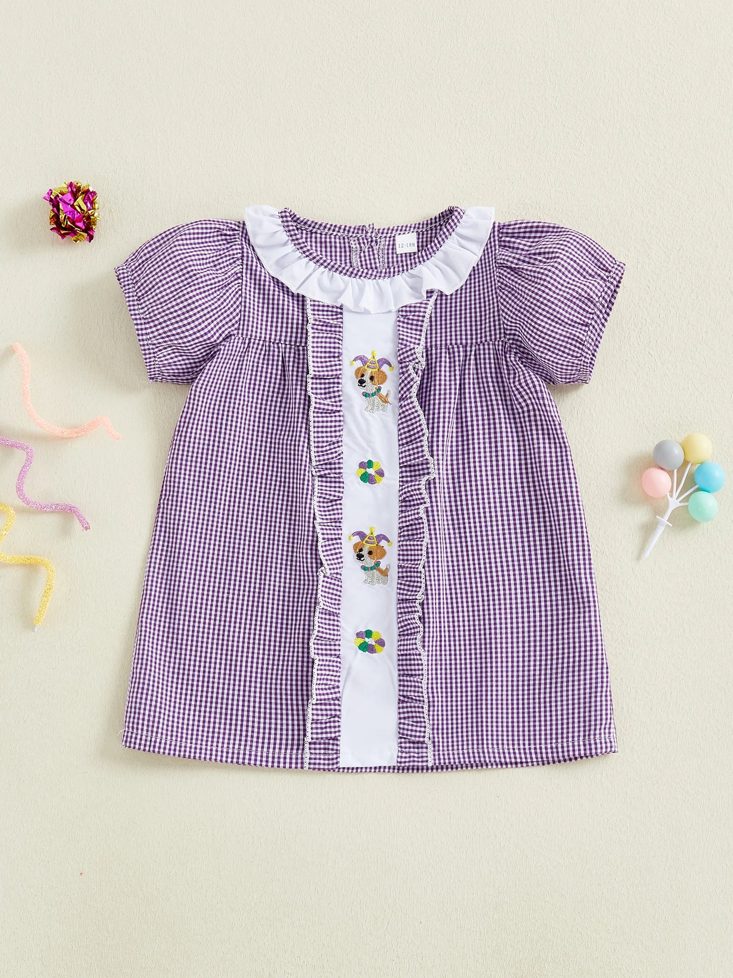Girls Plaid A-Line Dress - Cartoon Embroidered Ruffle Trim Short Sleeve