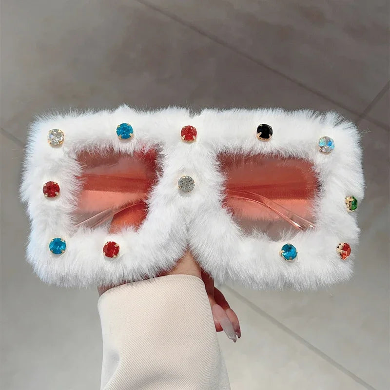 Women's Square Furry Sunglasses with Rhinestones