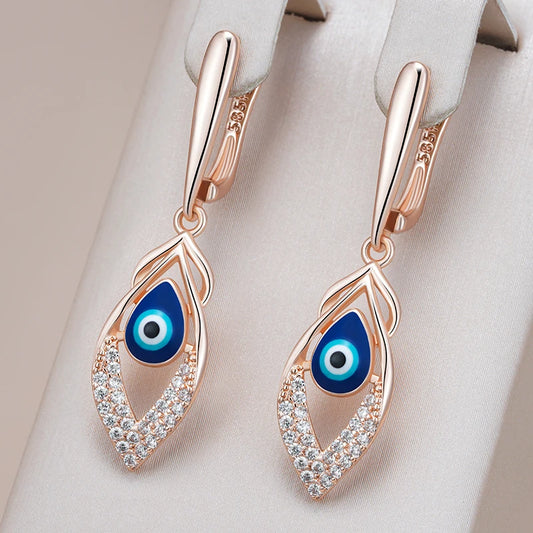 Rose Gold Blue Enamel Drop Earrings - Natural Zircon Wedding Party Jewelry