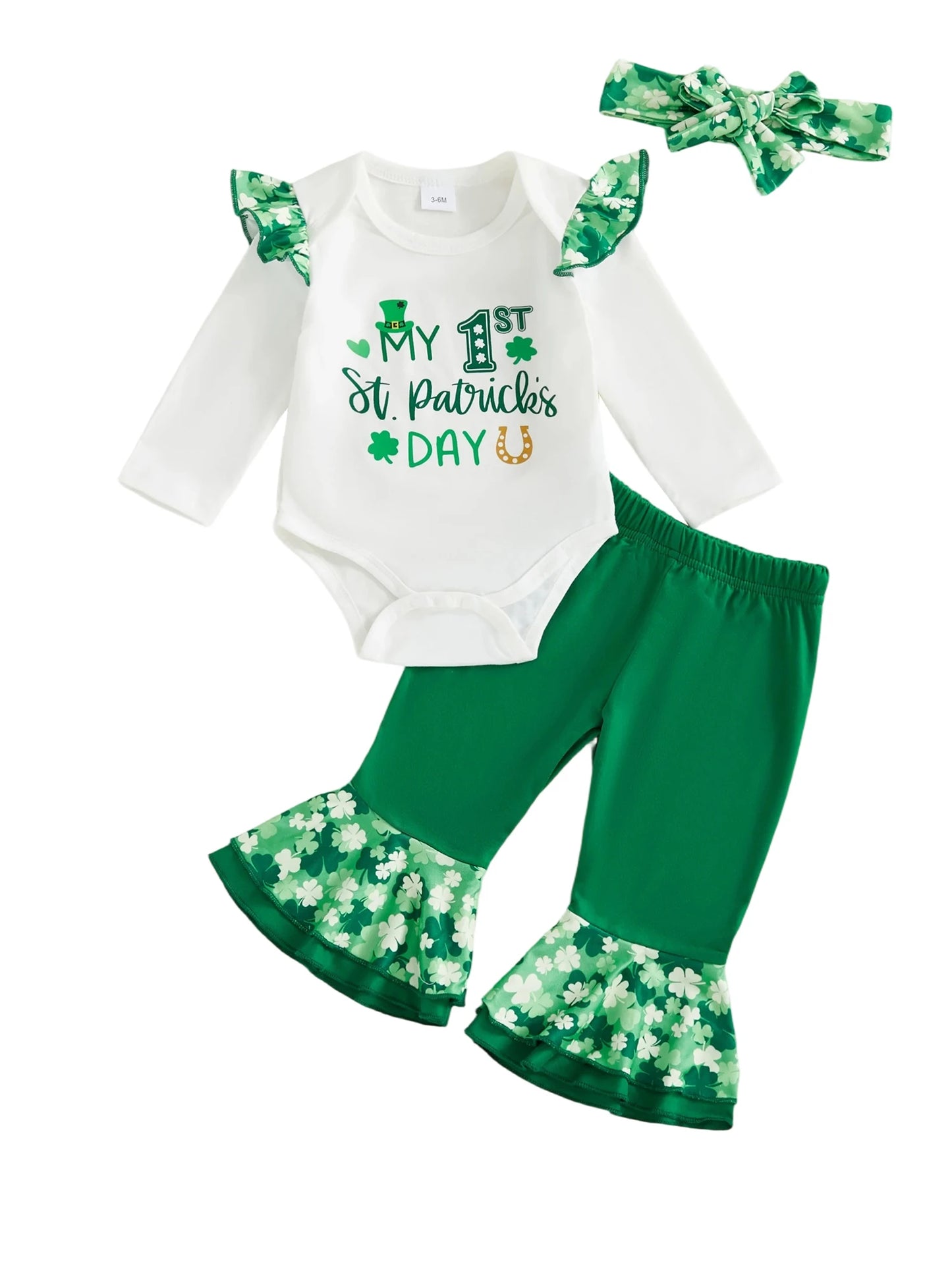Baby Girls Boys Clover Print Outfit Set - Long Sleeve Romper with Flare Pants & Headband 0-18M