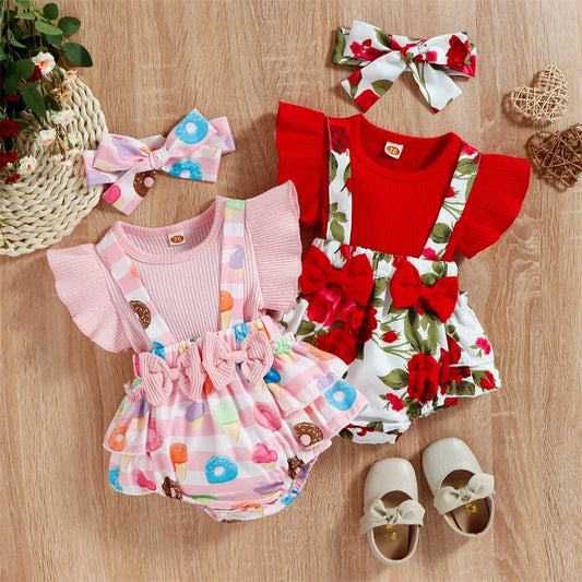 0-18M Baby Girls Romper 2pcs Set - Suspender Bowknot Donut/Flower Printed Ruffle Jumpsuits with Headband