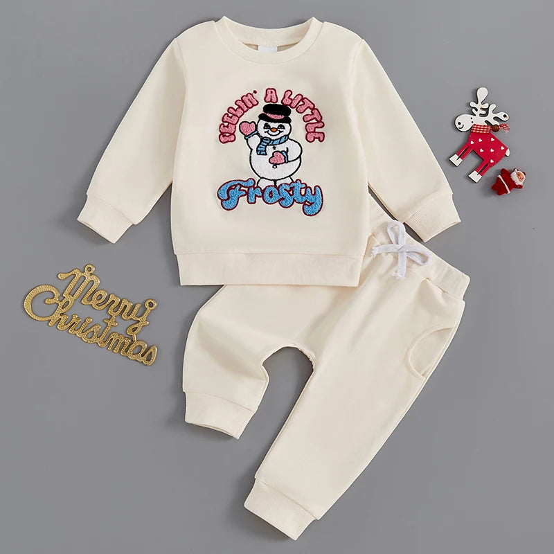 0-24M Baby Boys Girls Christmas Clothes Set Long Sleeve Santa Hat/Snowman Embroidery Sweatshirt Drawstring Pant