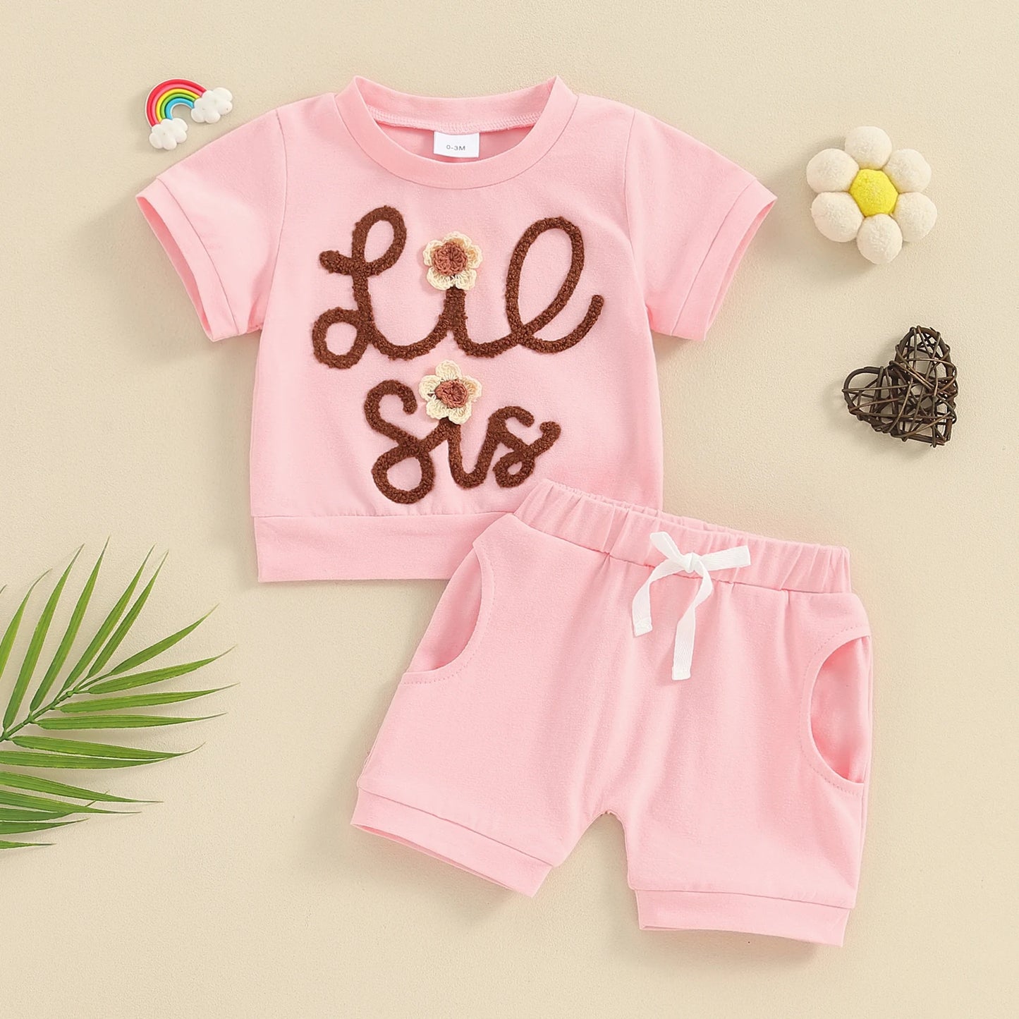 0-4Y Toddler Baby Girls Sister Matching Outfits Summer Clothes Set - Short Sleeve Letter Flower Embroidery Tops Shorts