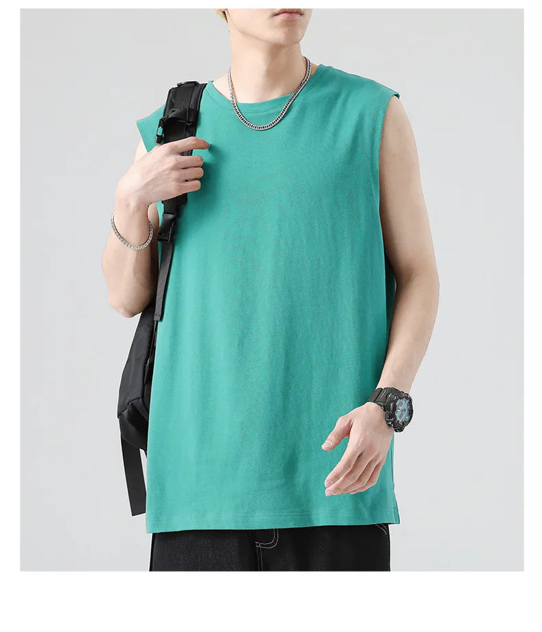 Men's Summer Cotton Sleeveless Loose Vest Sports Comfortable Breathable Round-Neck Tank Top