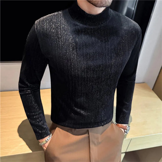 Men's Velvet Mock Neck Long Sleeve T-Shirt