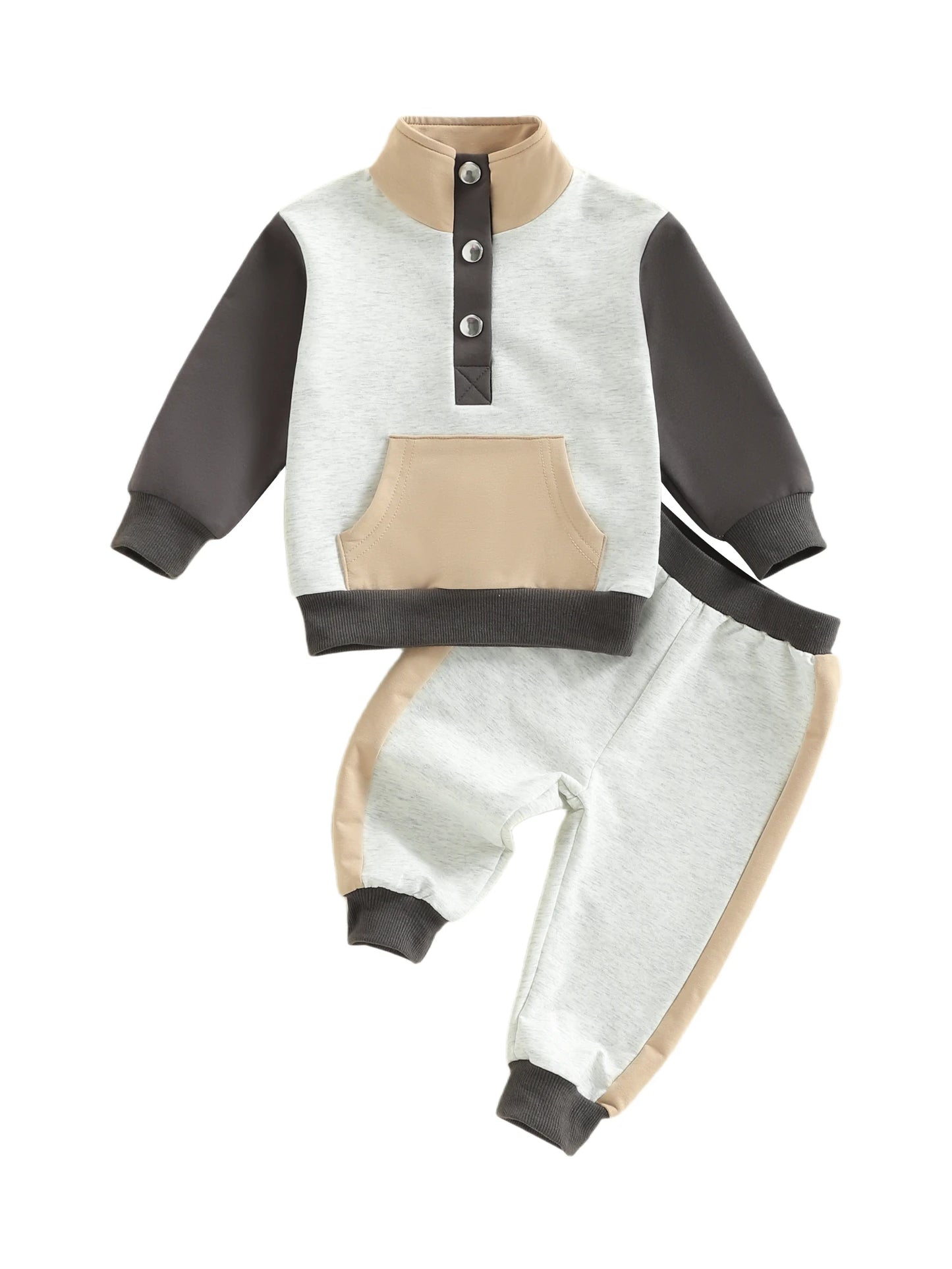Toddler Kids Boys Girls Colour Patchwork Long Sleeve Stand Collar Pullover and Pants Set