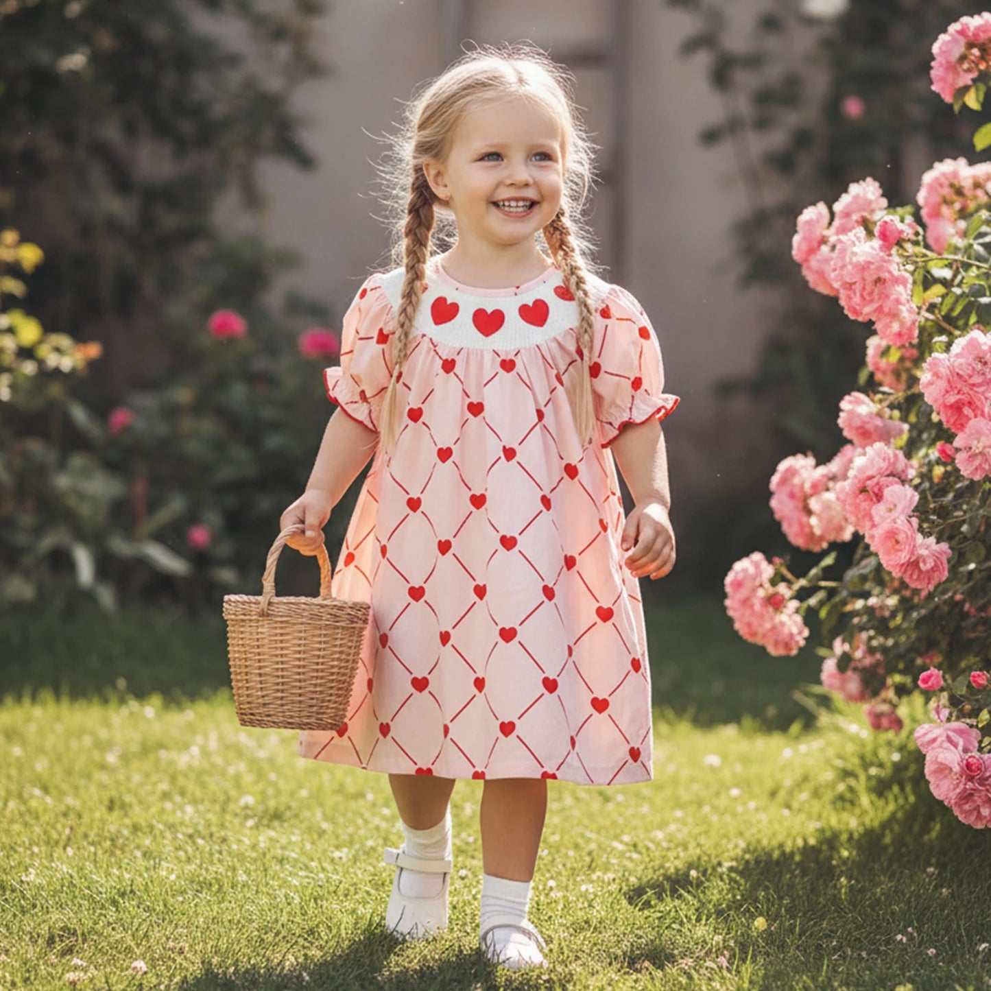 Little Girls Valentine's Day Short Sleeve Heart Embroidery Print A-Line Dress
