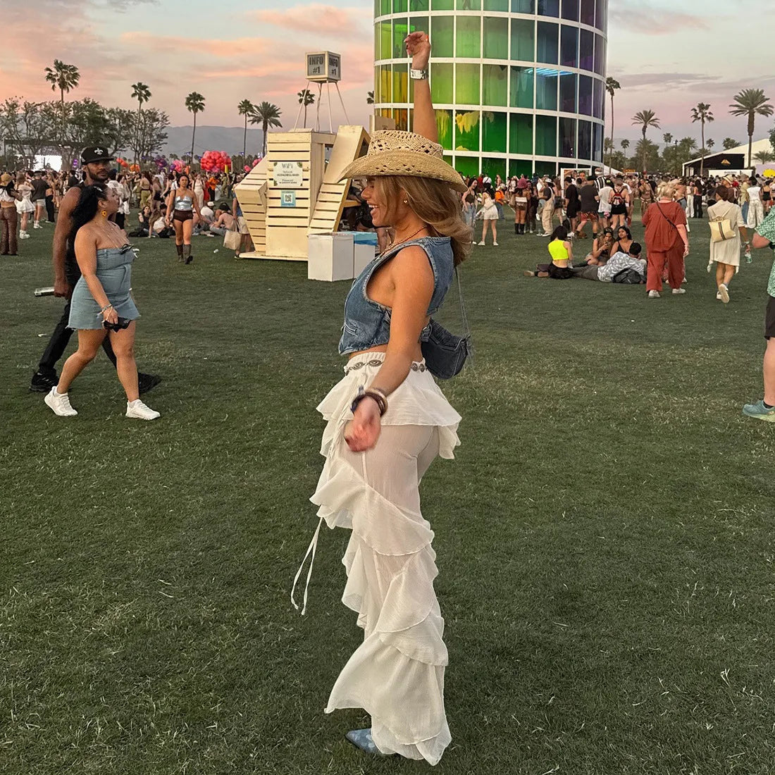 Women's Ruffled Tie Detail Flared Pants - Mesh Sheer Stretch Trousers