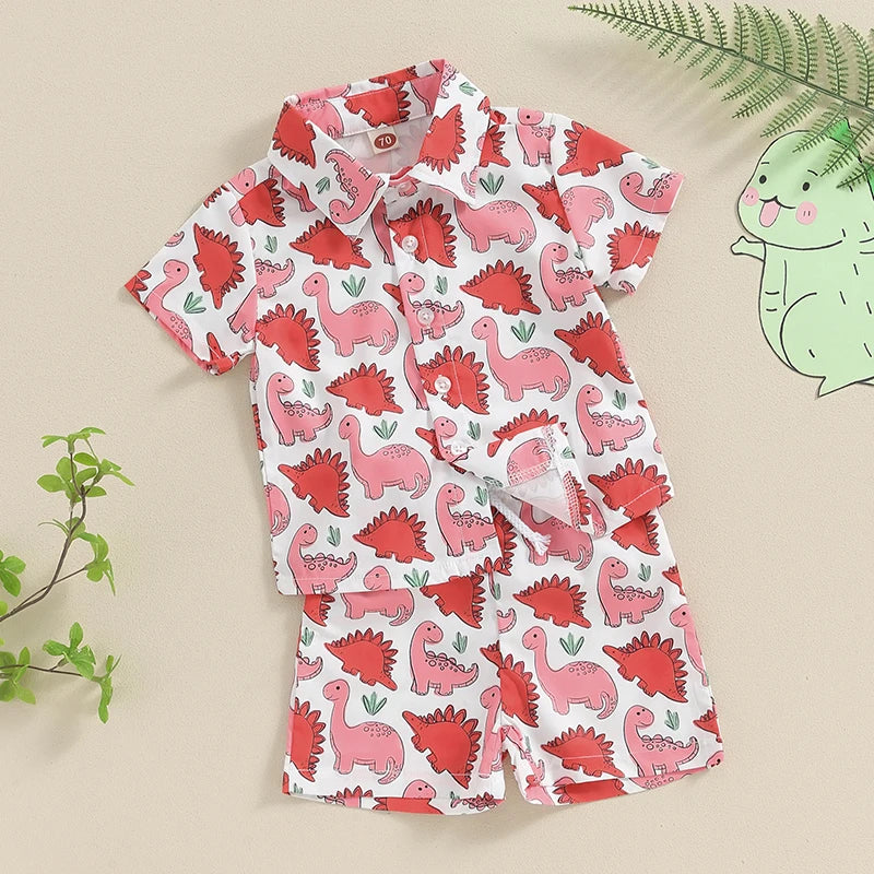 0-3Y Toddler Baby Boys Summer Clothes Sets 2pcs - Short Sleeve Dinosaur Print Button Up Top and Shorts Set