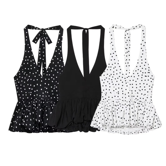 Women's Neck Hanging Design Sleeveless Spring And Summer Short Polka Dot Back Skirt Camisole Vest Top