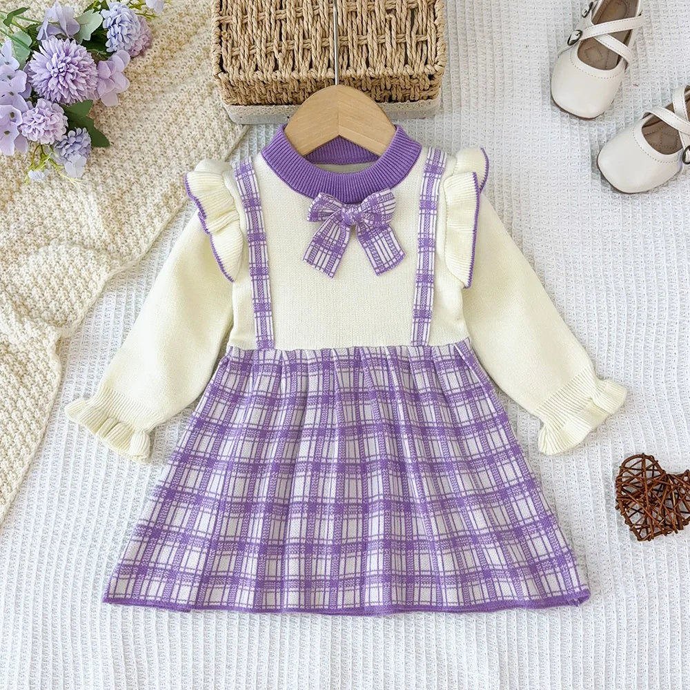 Girl's Long Sleeved Round Neck  with Checkered Bow Patchwork Dress