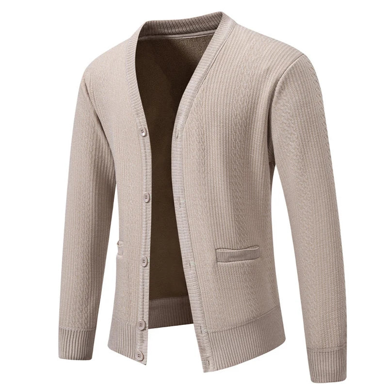 V-Neck Fleece Cardigan - Single Breasted Knitted Jacket