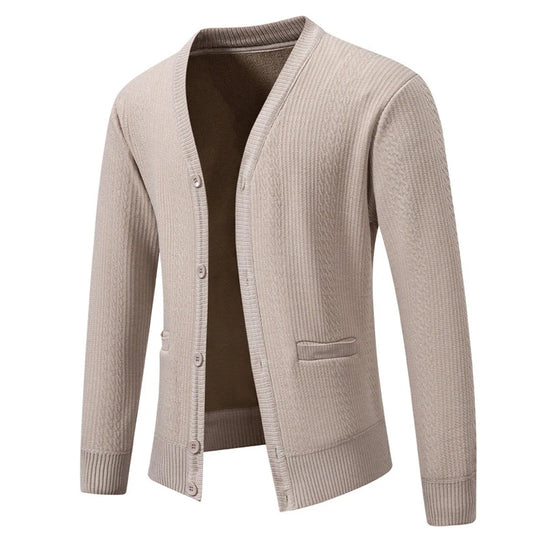 V-Neck Fleece Cardigan - Single Breasted Knitted Jacket