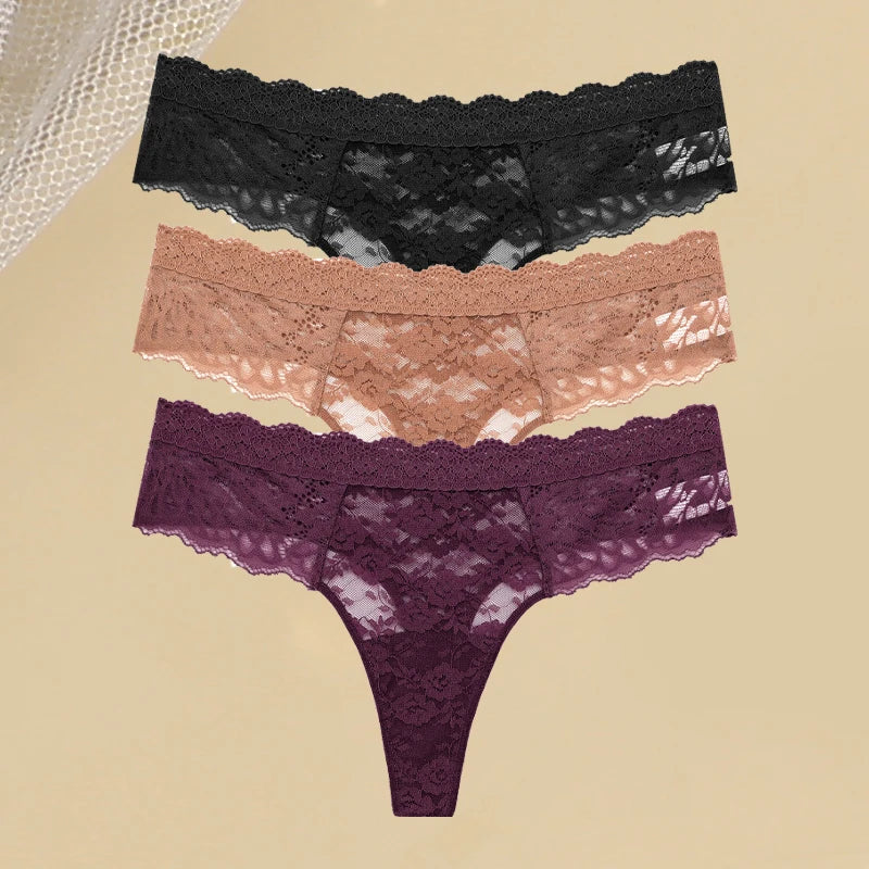 3Pcs Women's Lace Hollow Out Underwear Floral Print Panties Low-Waist Thong Breathable G-string Lingerie