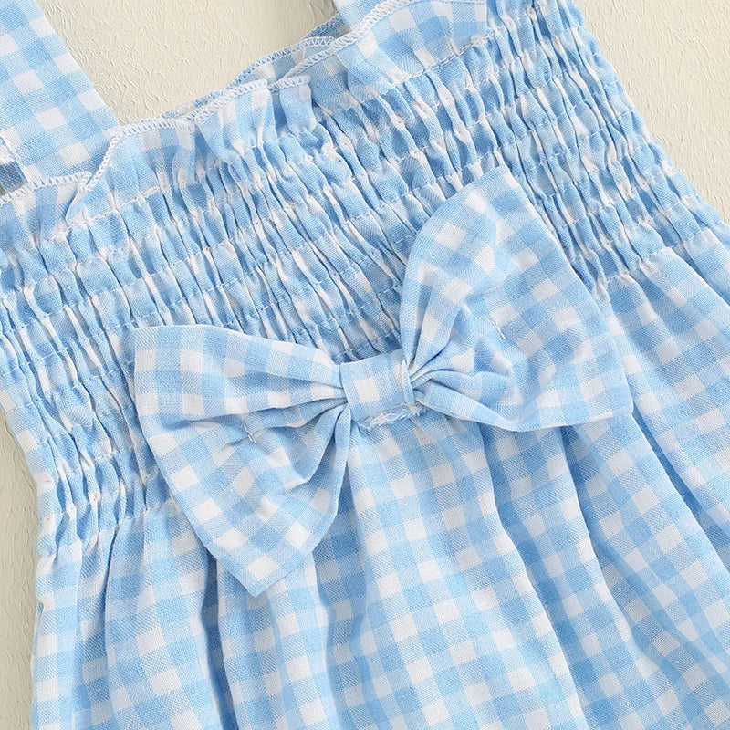 0-18M Baby Girls Summer Romper Outfits Fly Sleeve Plaid Print Ruffles Bowknot Jumpsuits with Headband