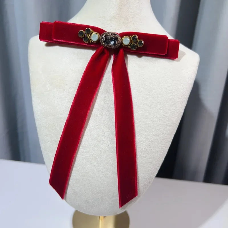 Retro Velvet Bow Brooch - Rhinestone Fabric Lapel Pin