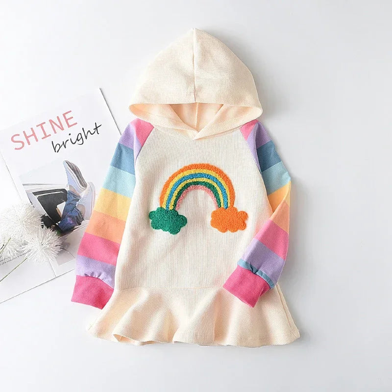 Girls Autumn Princess Rainbow Colourful Hooded Dress