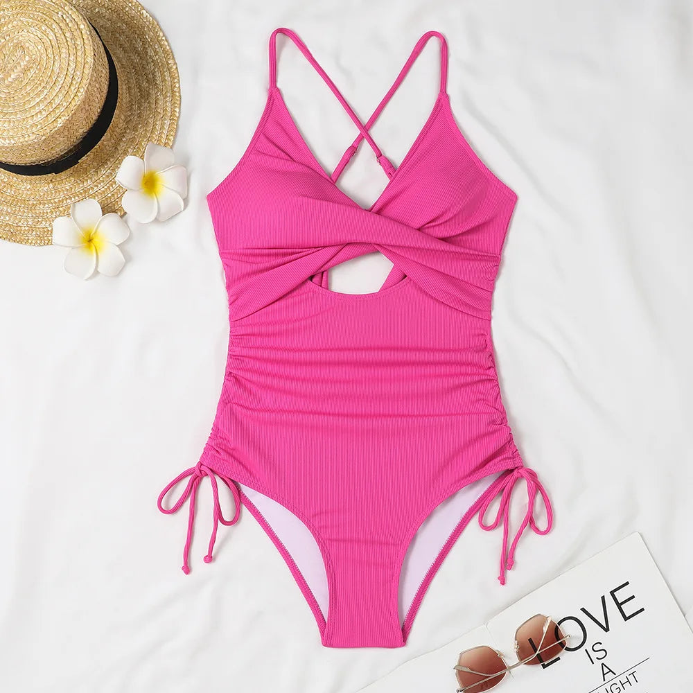 Women's Cut Out Halter One Piece Swimsuit Drawstring Swimwear