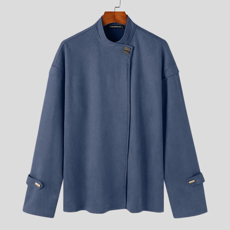 Men's Solid Simple Metal Buckle Design Jacket Coat Long Sleeved Jacket