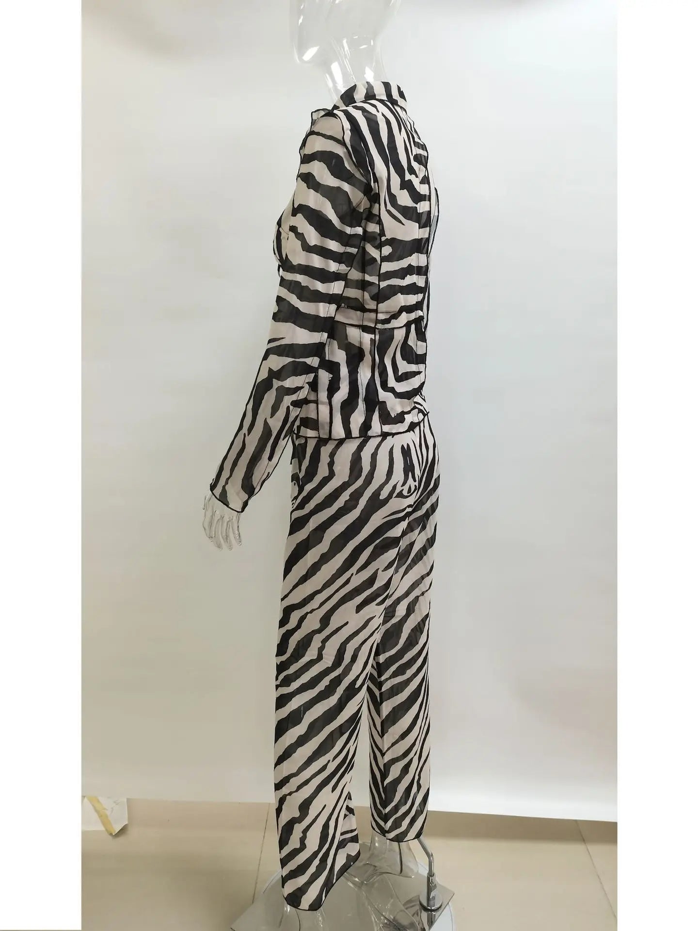 Women's Animal Print Mesh Sheer Stripe Tie Front Detail Top Matching Set