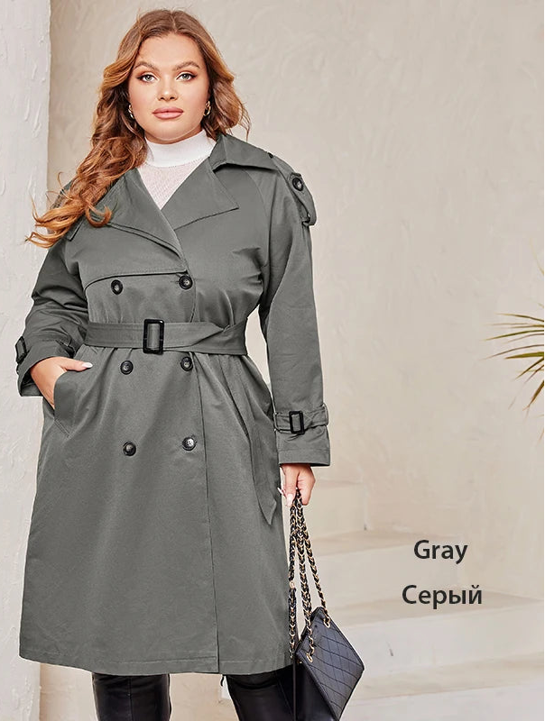 Women's Trench Coat Plus Size Double-Breasted Belted Windbreaker