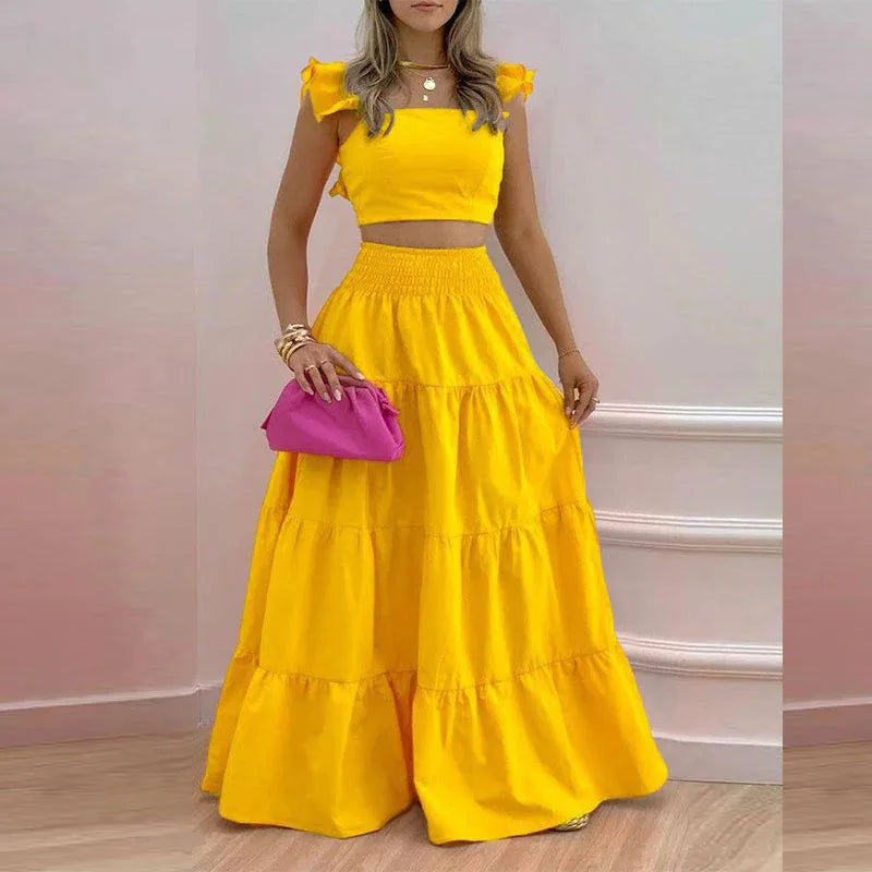 Women's Square Collar Flying Sleeve Ruched Crop Top & A-Line Ankle Skirt Set