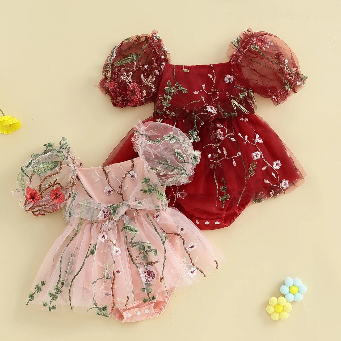 Baby Girls Princess Romper Dress - Flower Embroidery Mesh Skirt Bodysuit