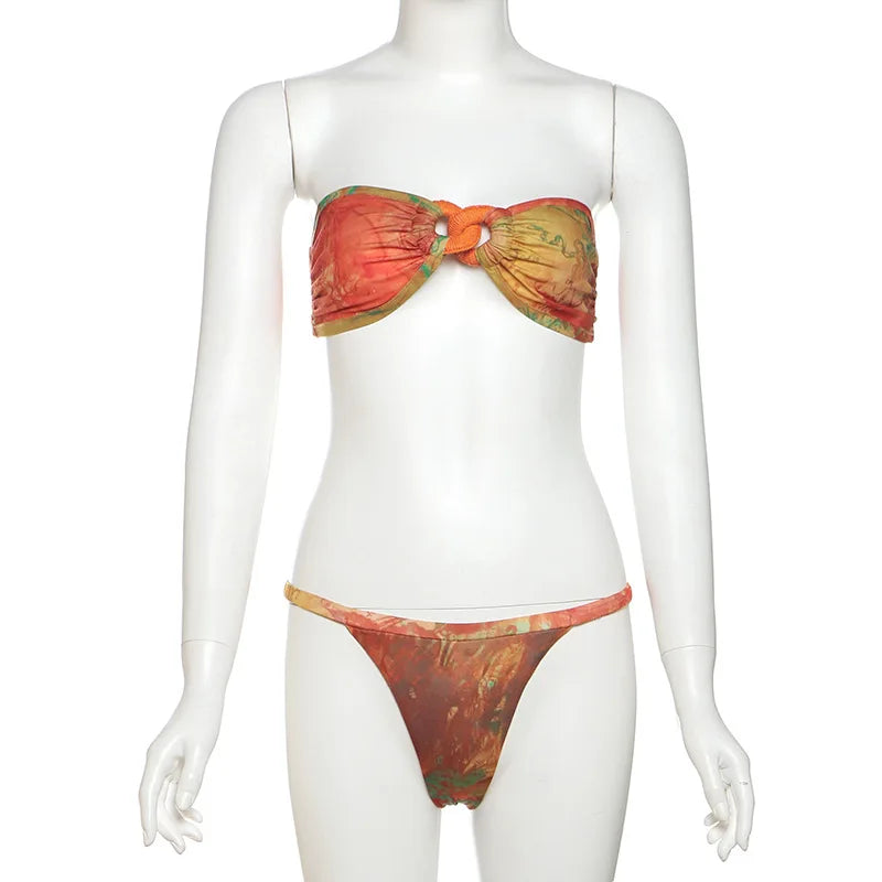 Women's Summer Beachwear Print 3 Piece Set Strapless Top Backless Split Skirt Bikini Dress Set