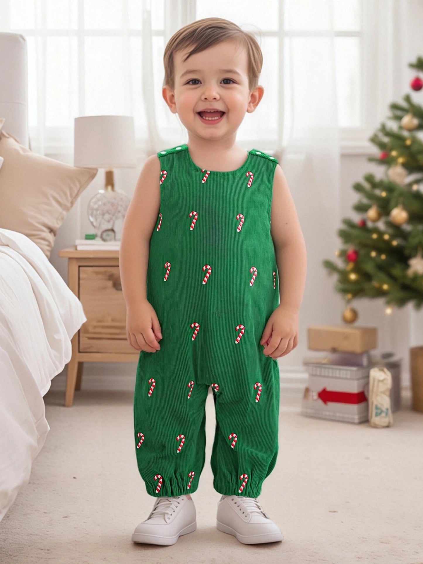 Newborn Baby Boys Christmas Romper - Sleeveless Round Neck Candy Cane Embroidery Jumpsuit