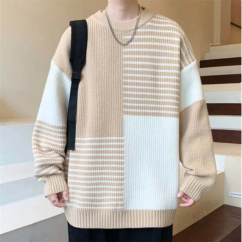 Autumn Winter Patchwork Striped Knit Pullover - O-Neck Loose Warm Sweater