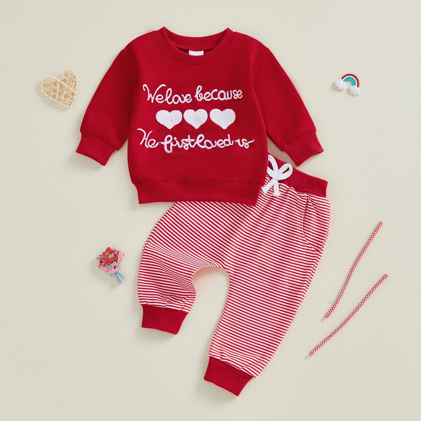 Valentine's Day Baby Boys Outfit Set - Heart Embroidery Sweatshirt & Stripe Pants