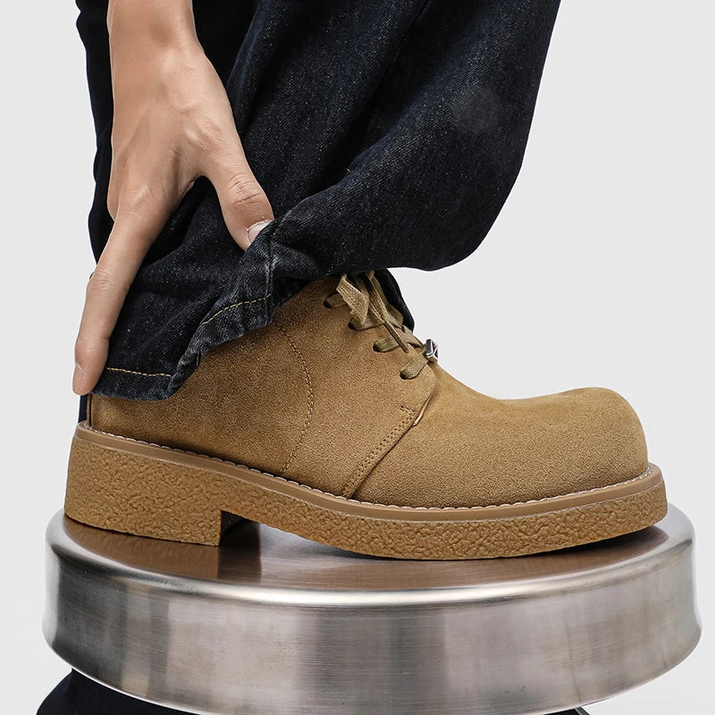 Men's Suede Leather Platform Work Shoes - Lace-Up Business Sneakers
