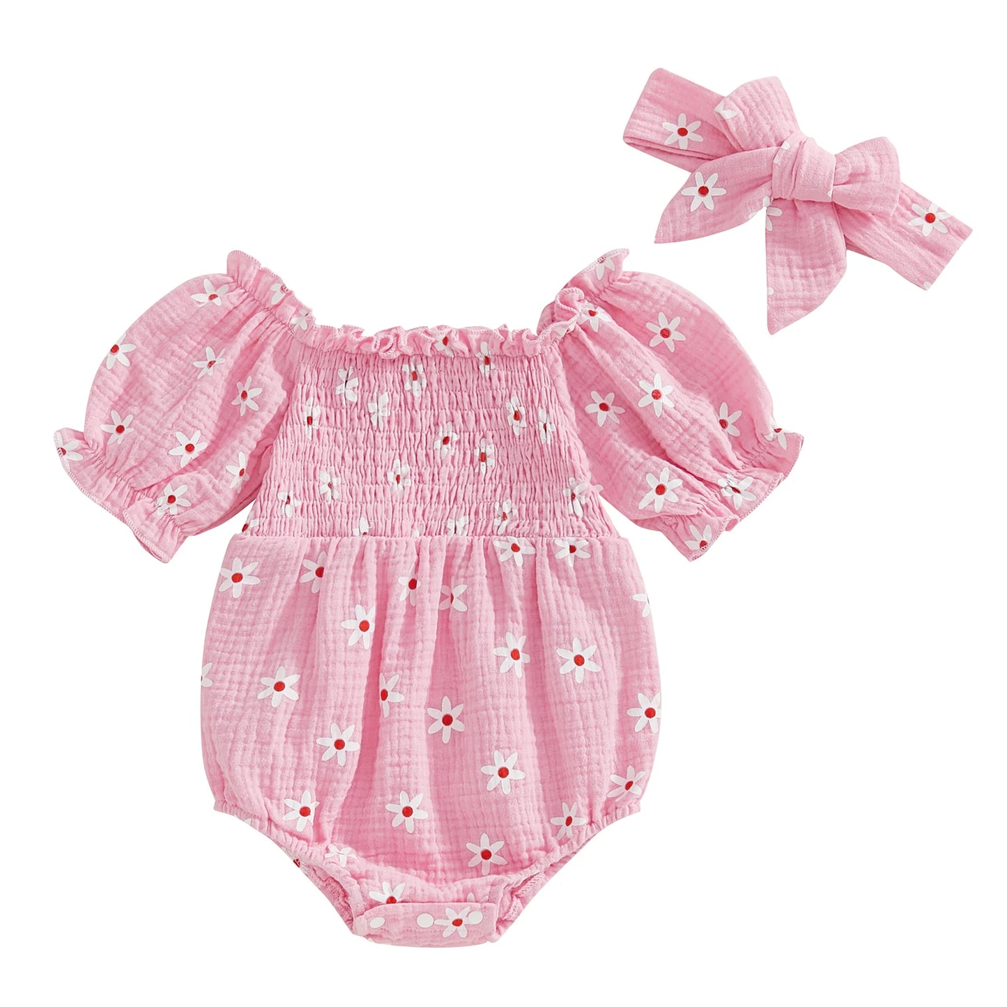 Baby Girls Summer Sunflower Romper - Off Shoulder Jumpsuit with Headband (0-18M)