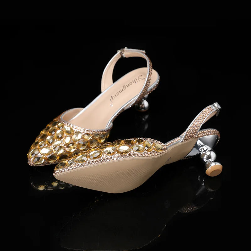 Women's 5cm Round Heel Shaped Heel Pearl Sandals