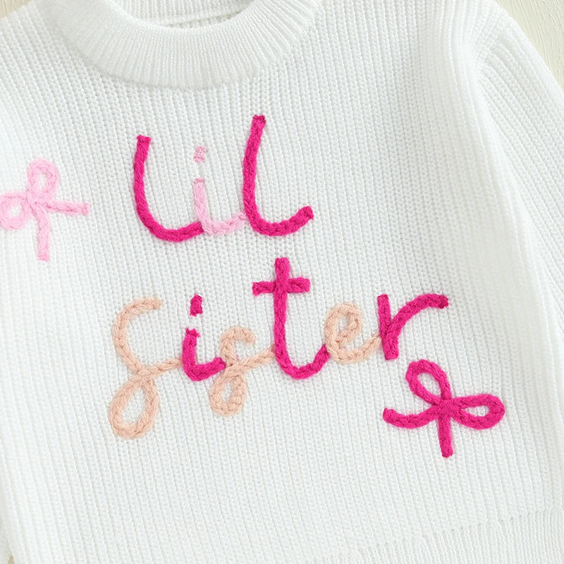 0-3Y Baby Girls Sister Sweater Letter Bowknot Embroidery Crew Neck Long Sleeve Kids Pullovers Casual Top