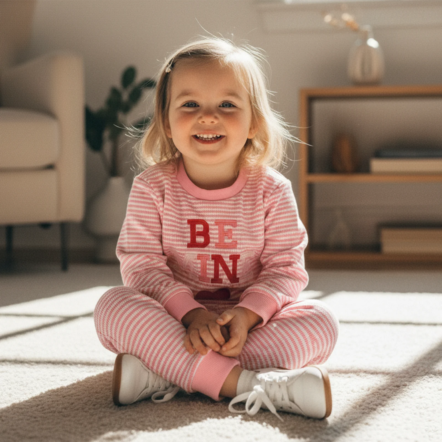 Baby Girls Valentine's Day Striped Heart Embroidery Long Sleeve Pullover and Pants Set