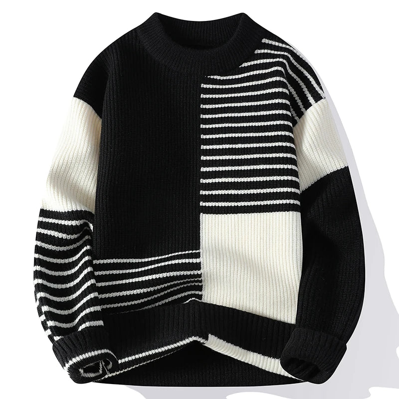 Autumn Winter Patchwork Striped Knit Pullover - O-Neck Loose Warm Sweater