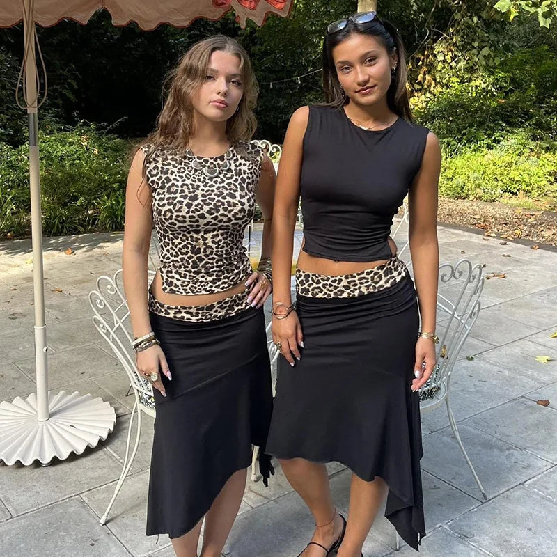 Women's Double Wear Skirt - Leopard Print Lace Up Sleeveless Vest Irregular Splice Skirt Two Pieces Set