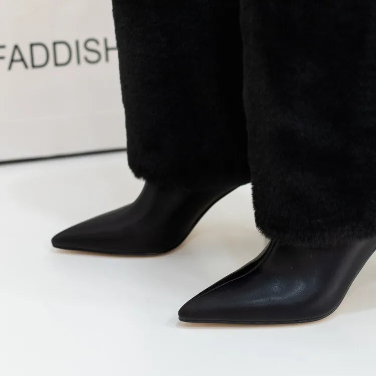 Women's Wedge Leather Mid-Calf Boots - 10cm Heel Metal Buckle Boots