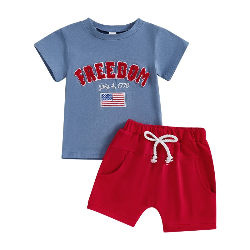 0-4Y Toddler Kids Boys American Flag Clothes Sets Letter Flag Embroidery Crew Neck Short Sleeve T-Shirt and Shorts